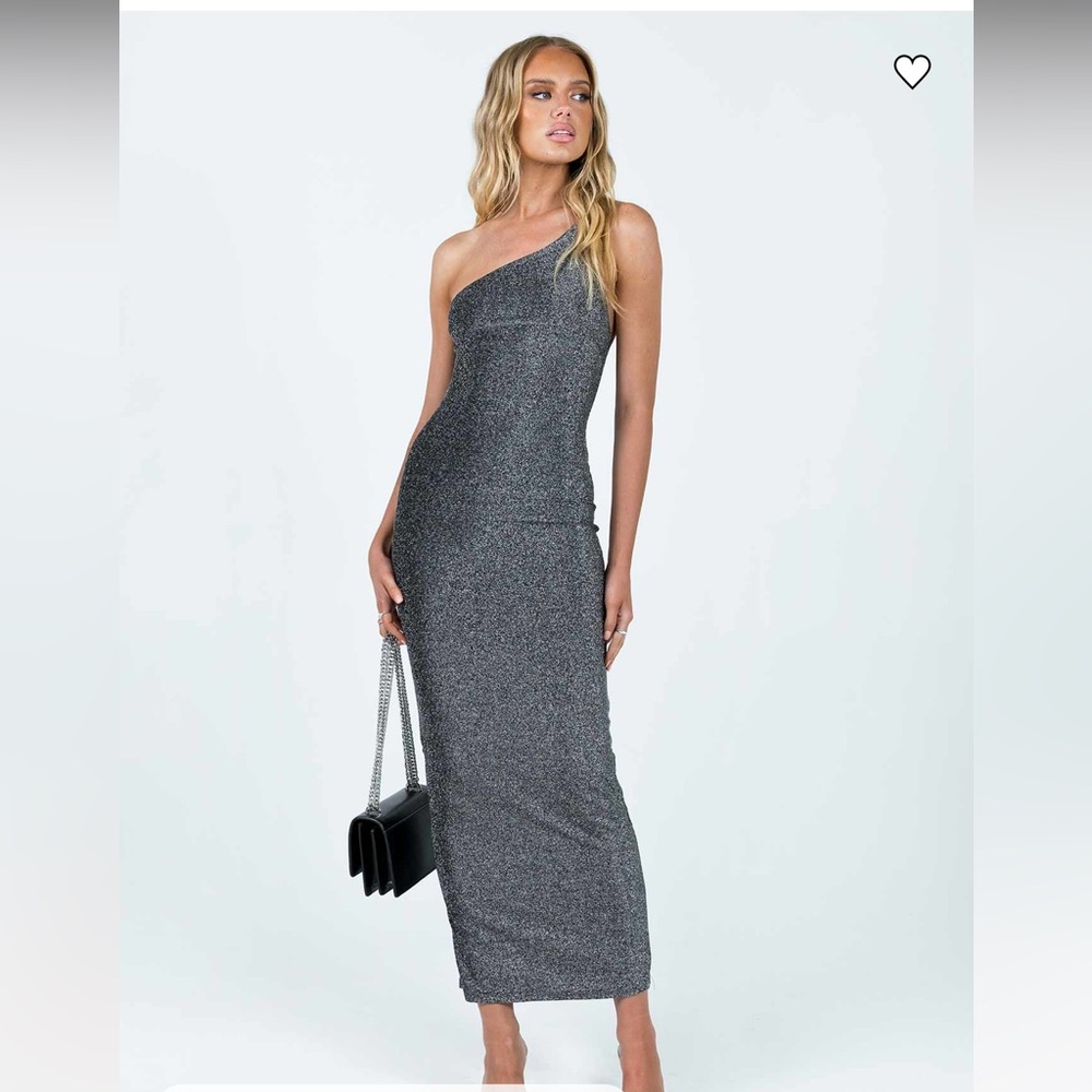 Princess Polly Vee Maxi Dress Shimmering Silver/Grey One-Shoulder Maxi Dress